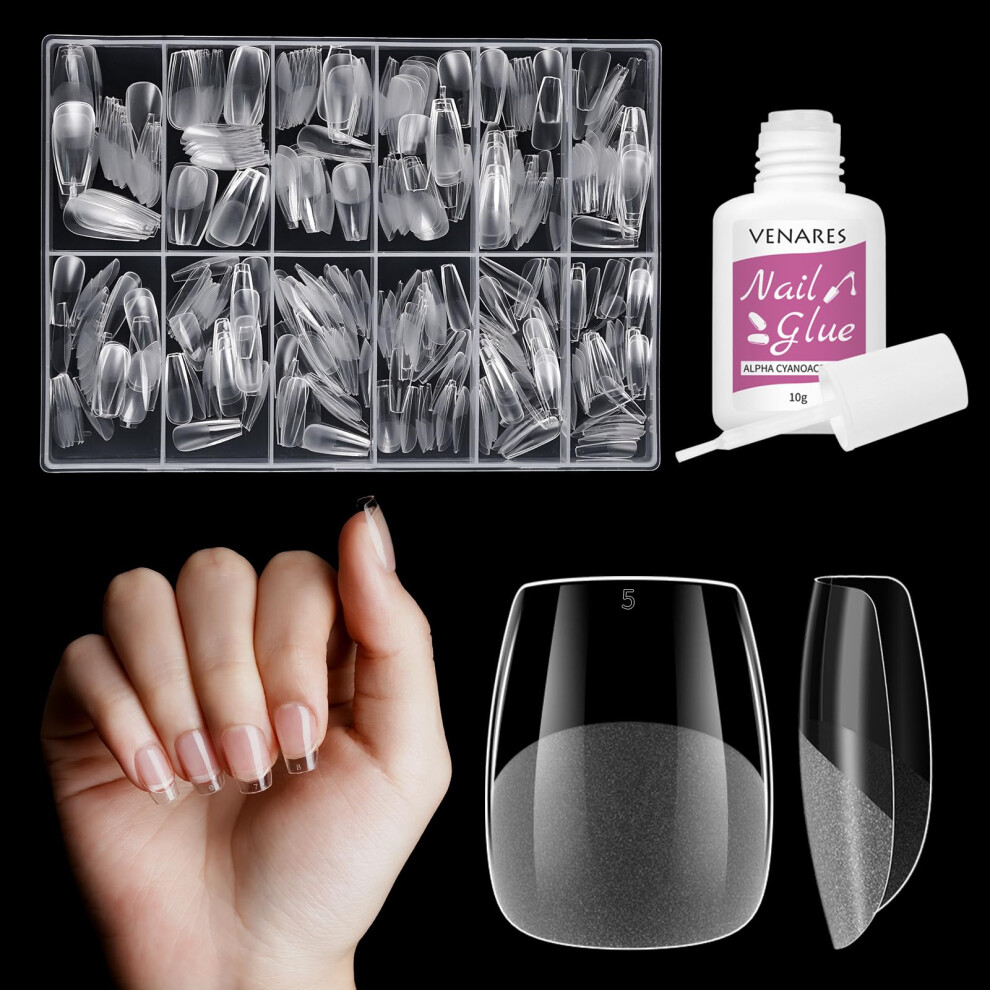 Venares 500 Pieces Coffin Soft Gel Nail Tips For Acrylic Extensions, 12 Size Clear False Nails Short, Pre-Buff Full Cover Acrylic Nail Tips