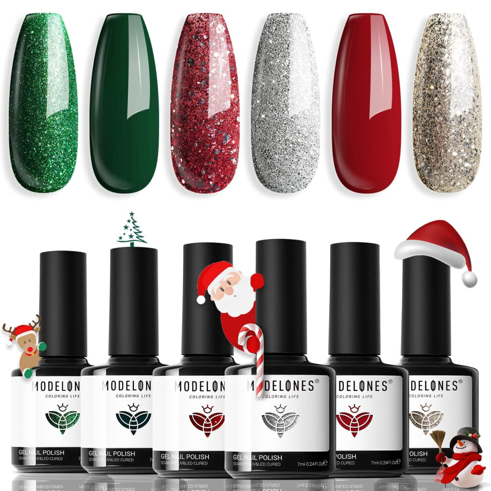 Modelones Green/Red/Silver Gel Nail Polish Set, 6 Colors Christmas Gel Polish Glitter Nail Polish Gold Varnish Kit Soak Off Nail Art Manicure Diy