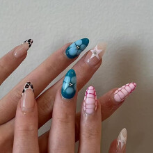 24pcs Medium Almond False Nails Leopard Print French Tip Press on Nails Star Flower Stick on Nail Removable Glue on Acrylic Fake Nail Tips