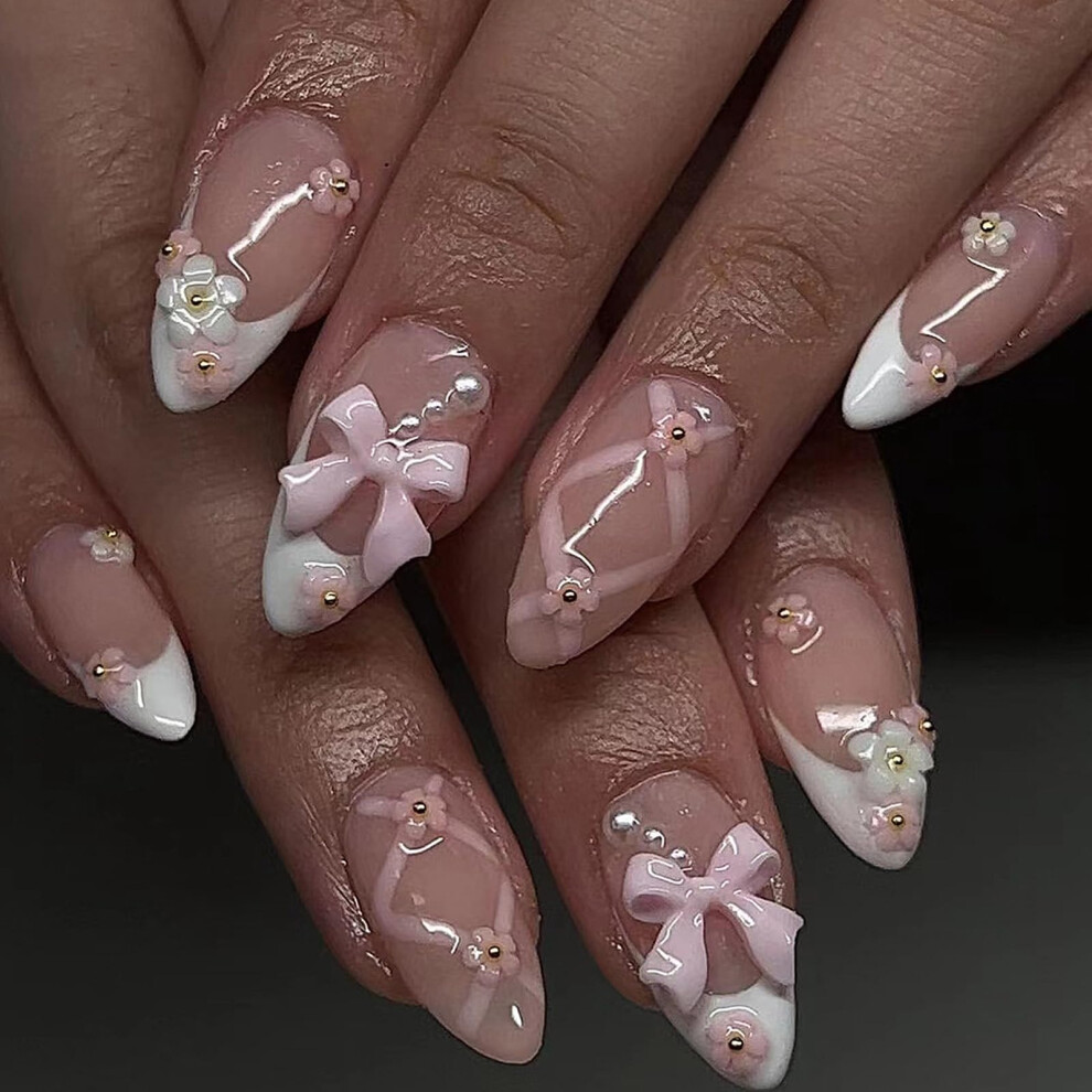 Nlfox Press On Nails - 24Pcs Almond Stick On Nails - 12 Sizes Fake Nails With Glue - French Tip False Nails With 3D Bow Pearl Patterns