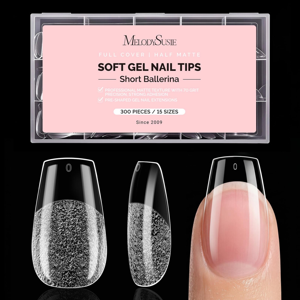 Melodysusie Short Ballerina Nail Tips - 300Pcs Clear Acrylic, Half Matte Full Cover Press On Nails For Diy Extension & Salon Use