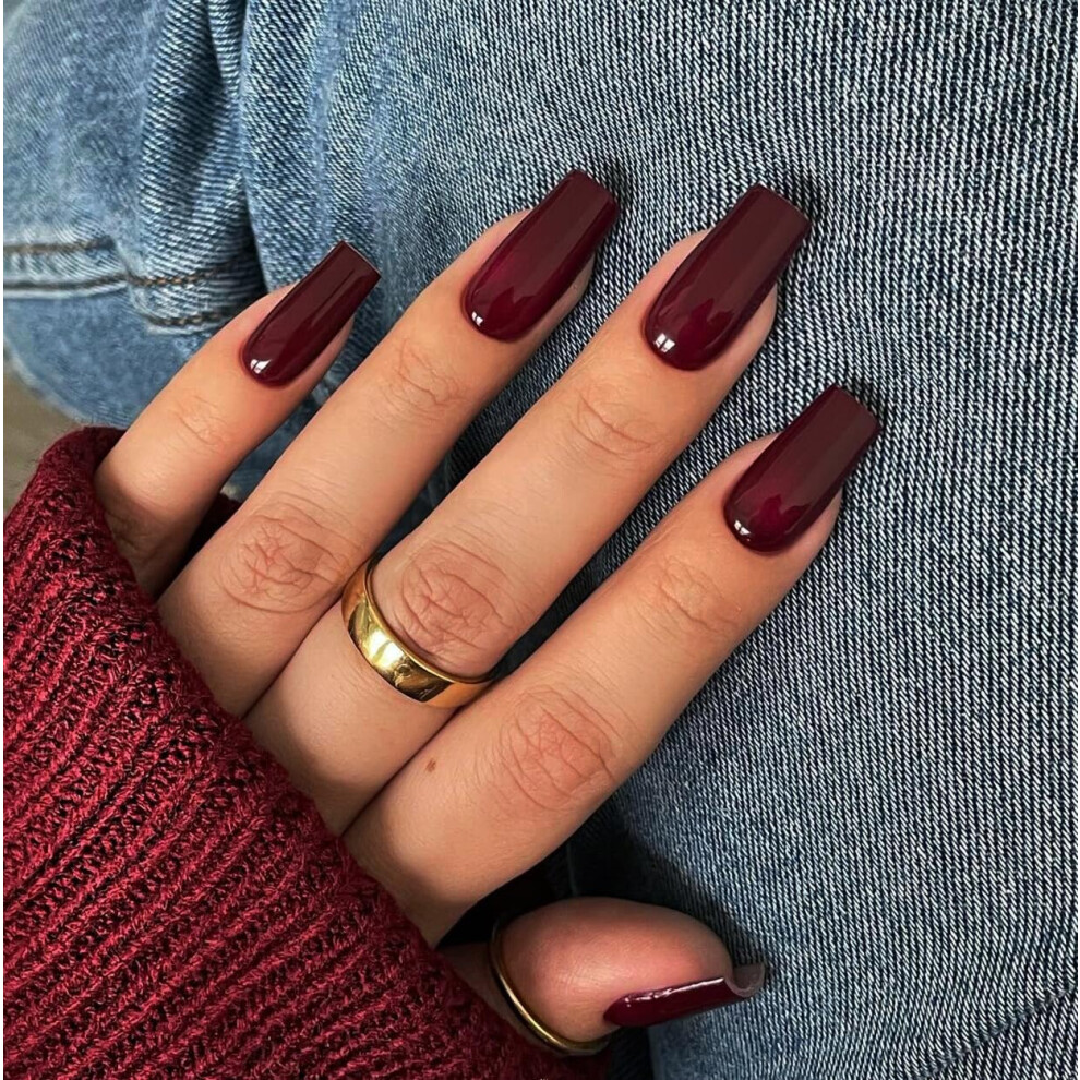 Sxvme Dark Red Press On Nails Long Square, Burgundy Red False Nails Medium Coffin, Glossy Gel Fake Nails Press On