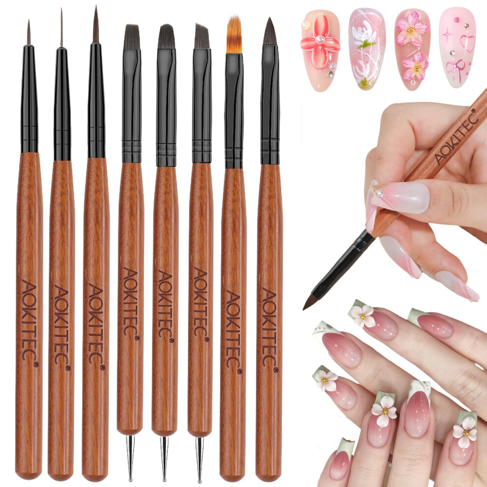 Aokitec Nail Art Brushes Set: 8Pcs Nail Art Painting Tools With Nail Art Fine Liner Brush, Nail Design Painting Brushes, Builder Gel Brush