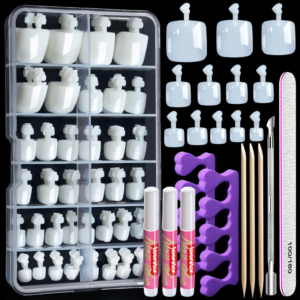Teenitor 120Pcs Natural False Toe Nails Tip With Nail Glue Set, Full Cover Acrylic Fake Toenail Tips With Cuticle Pusher & 100/180 Grit Nail File For