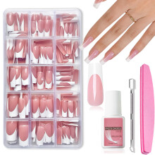 French False Nails - 240 Pcs Coffin Press on Nails Set - Fake Nail Nude Color French False Nail Kit