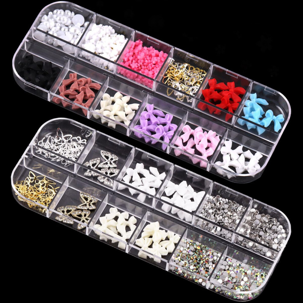 Otkarxus Bow Nail Charms - 2 Boxes Pearl Butterfly Bowknot Flower Art Decorations, Rhinestones Caviar Beads For 3D Design, Diy Crafting, Party, Daily, Wedding