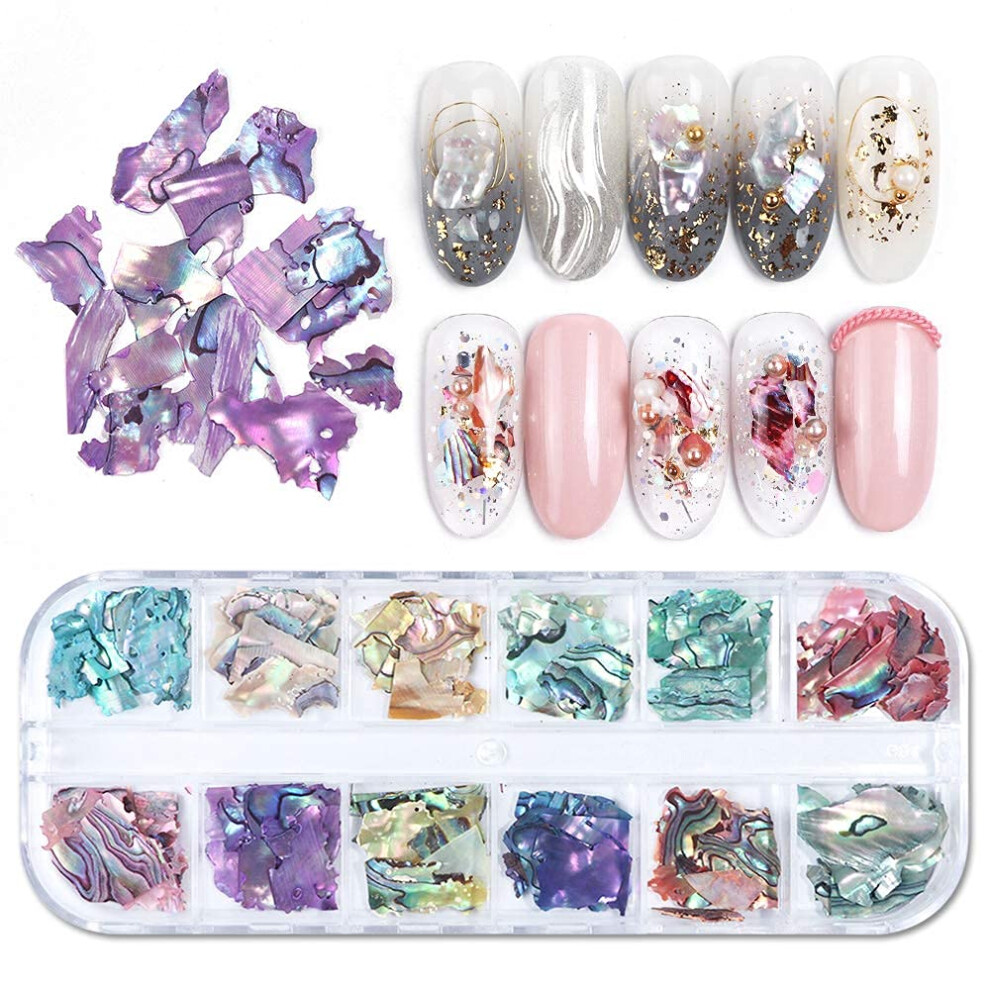 Otkarxus Nail Art Shell Flakes,1Box 12Grids Irregular Abalone Seashell Slices For Nail Art,Nail Art Accessories Colorful Shell Pieces Nail Sequins Glitter For