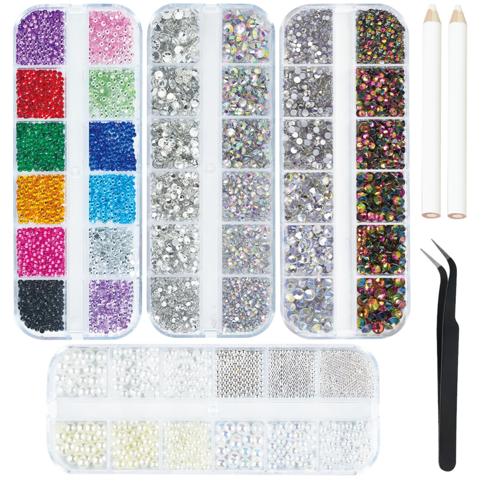 Earlmoni Silver 7200Pcs Rhinestones, Crystal Ab Nail Art Gems With Nail Pearls Nail Caviar Beads, Pick Up Tweezers, Crystal Rhinestone Pickers