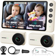 WEMOH Magnetic Dual Baby Car Camera for Two Kids, 1080P IPS Display with Magnetic Mount, 3 Modes(Zoom/Mirror/Split), Automatic Night Vision