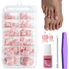 French Fake Toe Nails Set - 120PCS Short Square False Toenails Kit With Glue - White French Tip Pink Full Cover Fake Toe Nails