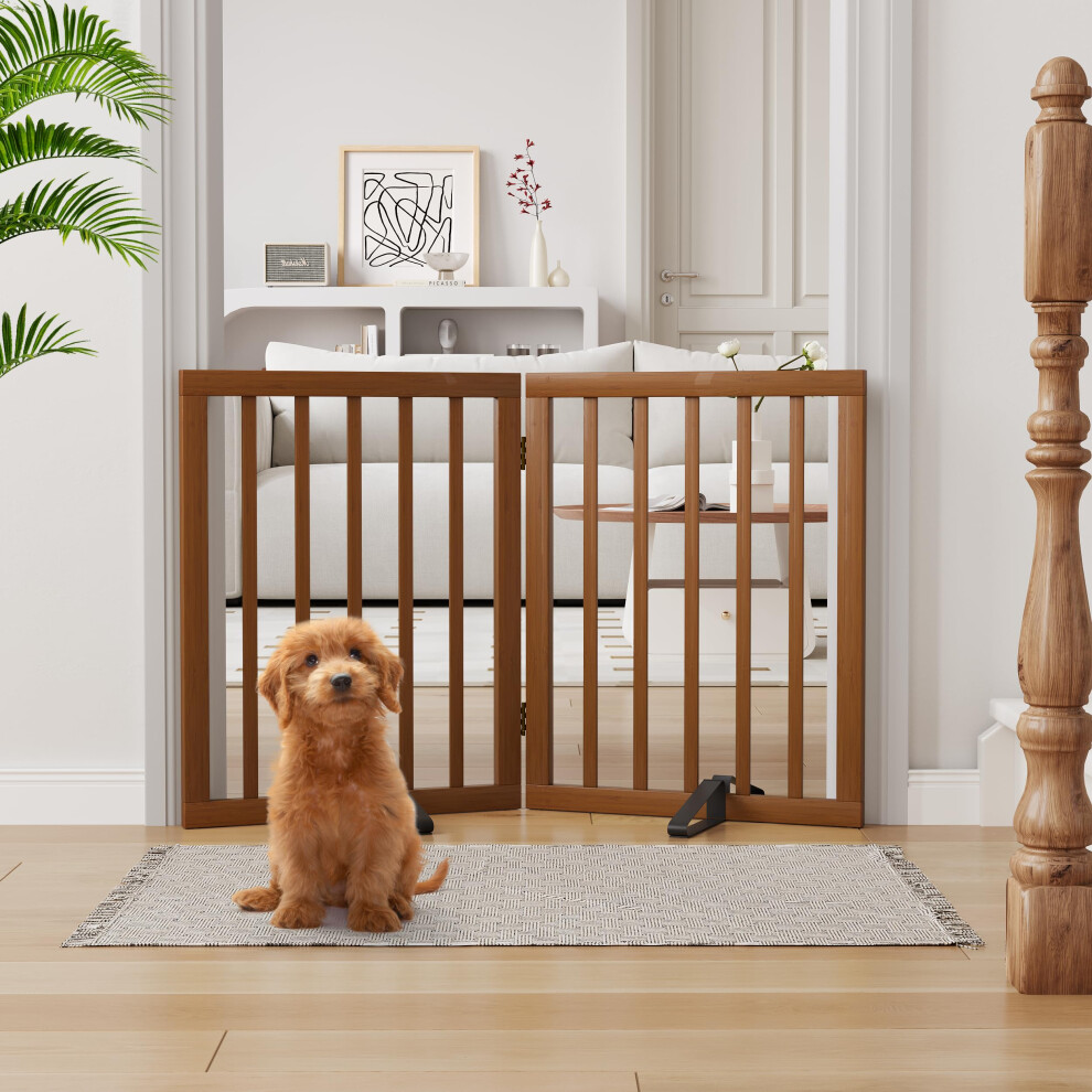 Semiocthome Bamboo Freestanding Dog Gates For Doorways, 2-Panel Indoor Puppy Gates For The House With 2 Metal Stands