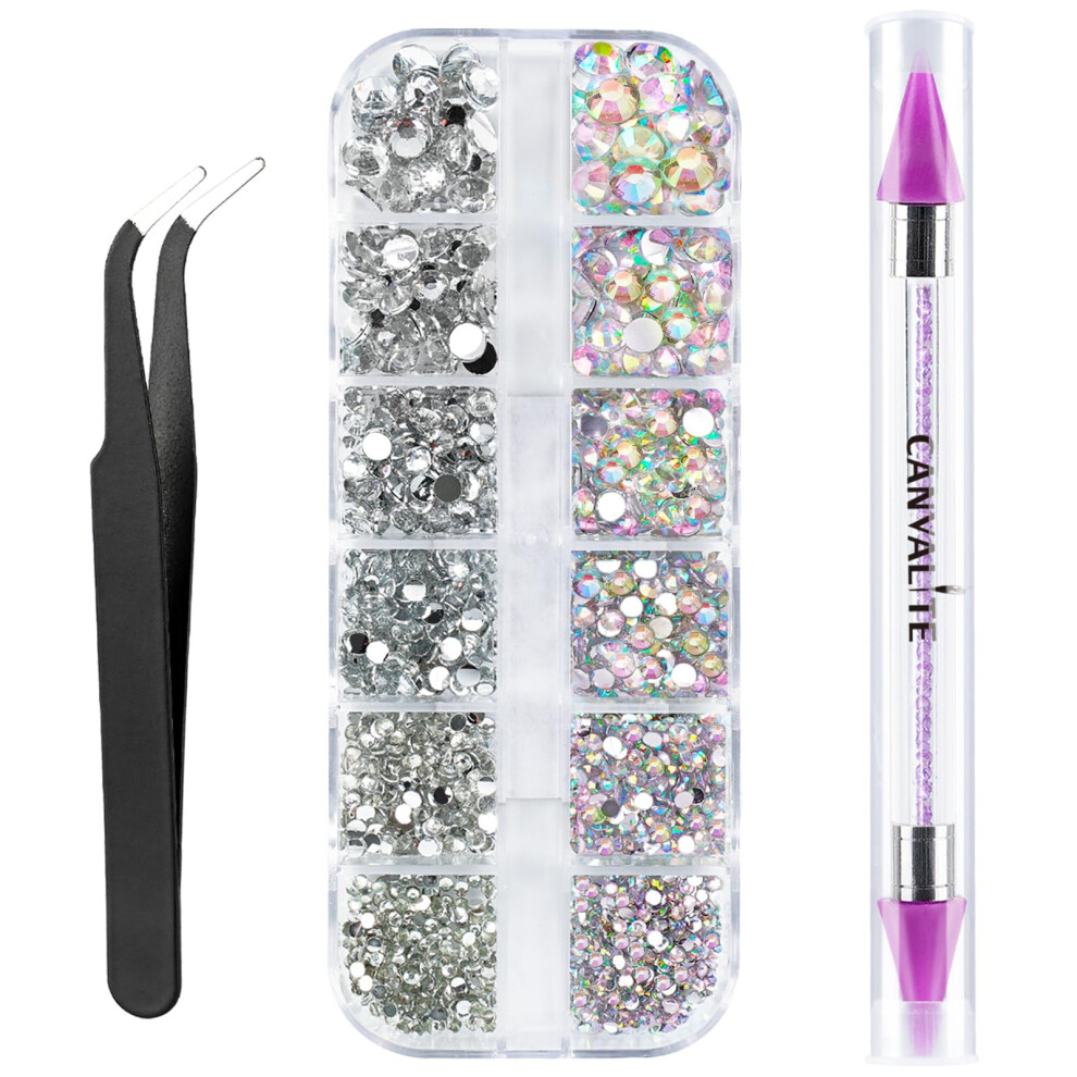 Canvalite 1500Pcs Rhinestones In 6 Sizes Flat Back Gems, Crystal Ab Nail Art Gems With Pick Up Tweezers And Rhinestone Picker Dotting Pen