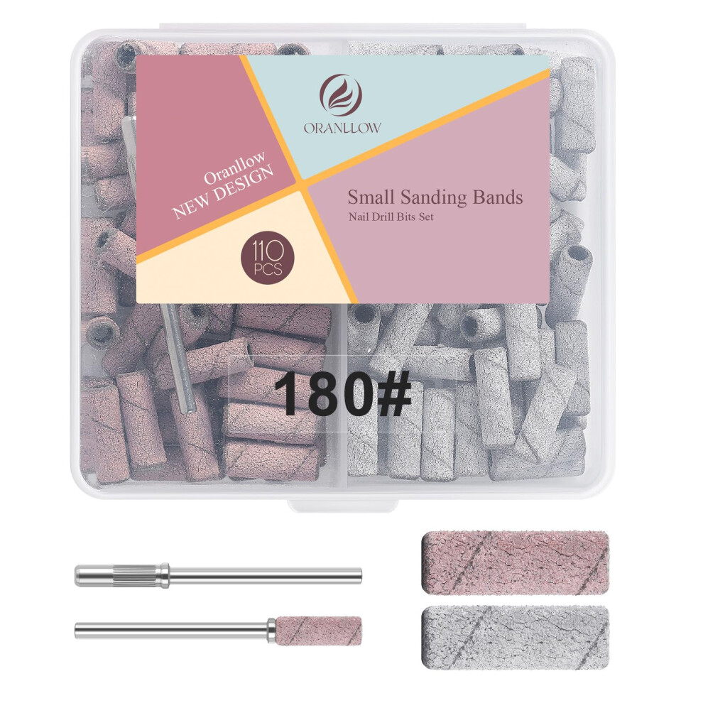 Oranllow 110Pcs Small Sanding Bands Nail Drill Bits With 3.1Mm Mandrel Nail Bit, 180 Fine Grit Nail File For Acrylic Nails Gel Manicures And