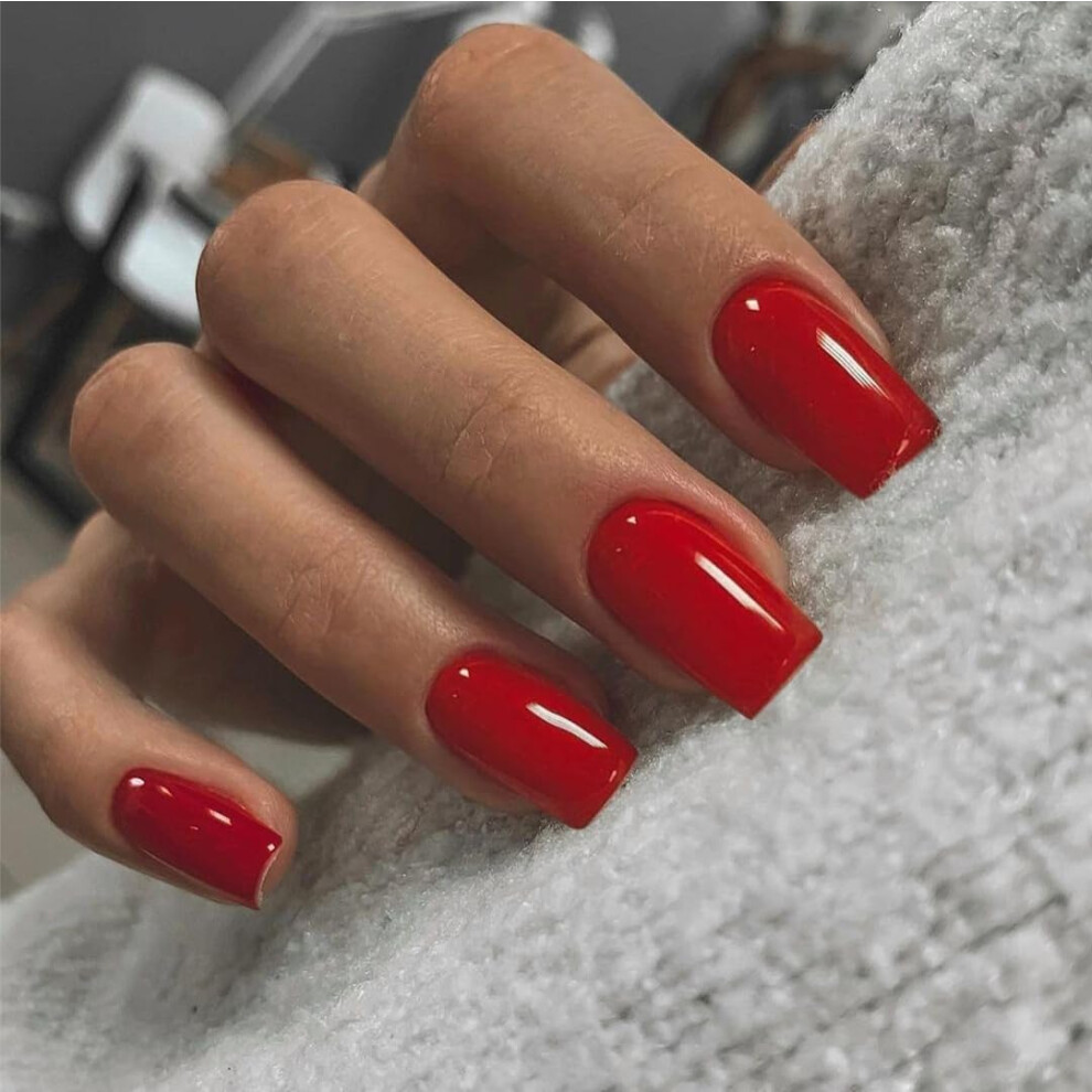Sxvme Red False Nails Short Medium Square, Gel Press On Nails Coffin Medium Glossy Fake Nails Set Solid Color Acrylic Nail Natural Fit Reusable Stick