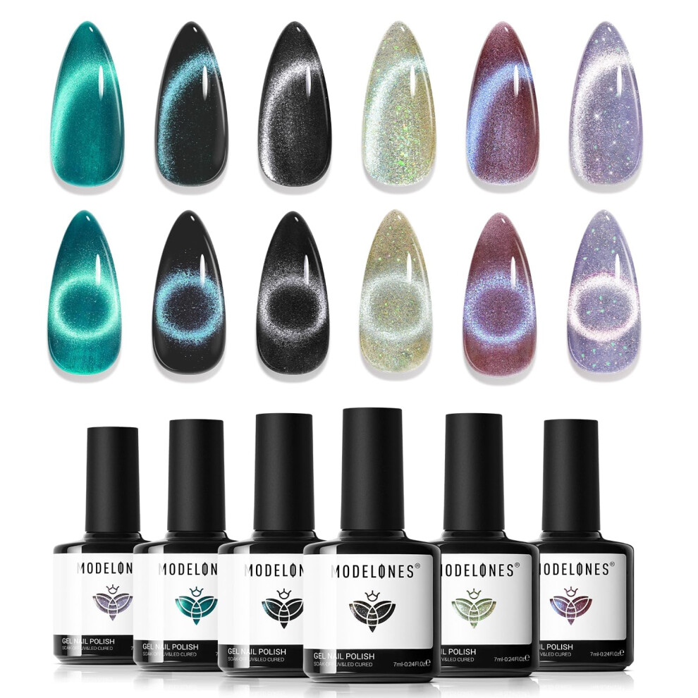 Modelones Black/Blue/Purple Gel Nail Polish Set, 6 Colors Cat Eye Gel Polish Holographic 9D Glassy Glitter Nail Polish Set Green Nail Varnish Kit