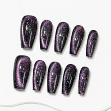 Sun&Beam Nails Handmade Press-on Medium Long Coffin Ballerina Black Purple Green Magnet Solid Color Minimalist Design Fashion False Nail Tips 10 Pcs S