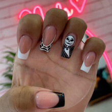Ceboic 24Pcs Halloween Medium False Nails Coffin Black White Fake Nails Cute Press on Nails with Ghost Designs Acrylic Full Cover Stick on Nails for