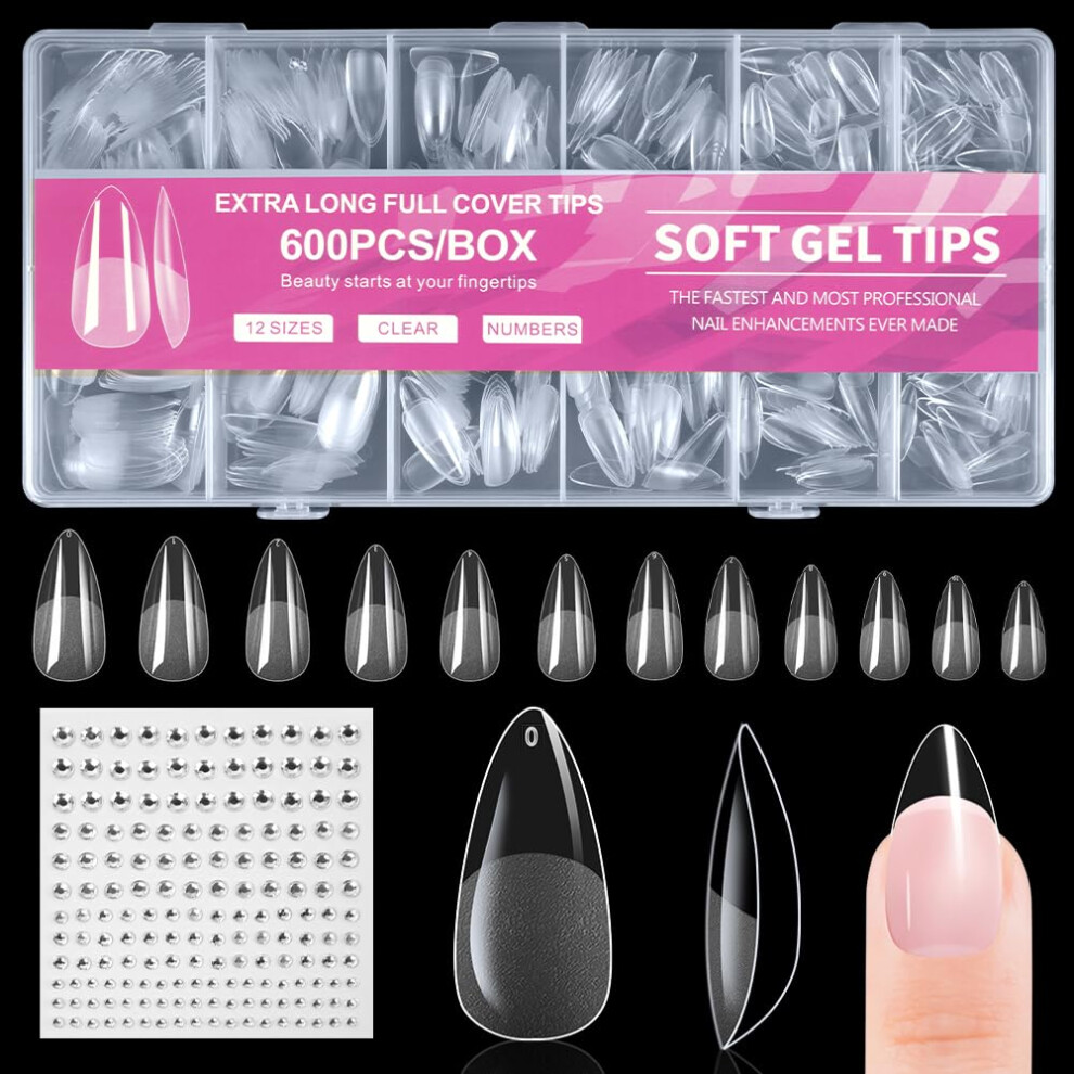 Butbu Medium Almond Nail Tips, 600Pcs Soft Gel Full Cover Nail-Tips, Press On Fase Artificial Nails Tips, Clear Acrylic Nails Tips