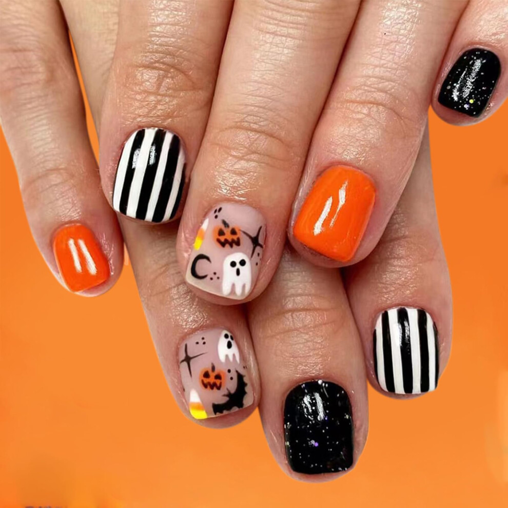 Viugex Orange/Black 24Pcs Halloween Press On Nails Short, Square French False Nails Glitter Fake Nails With Ghost Pumpkin Bat Designs