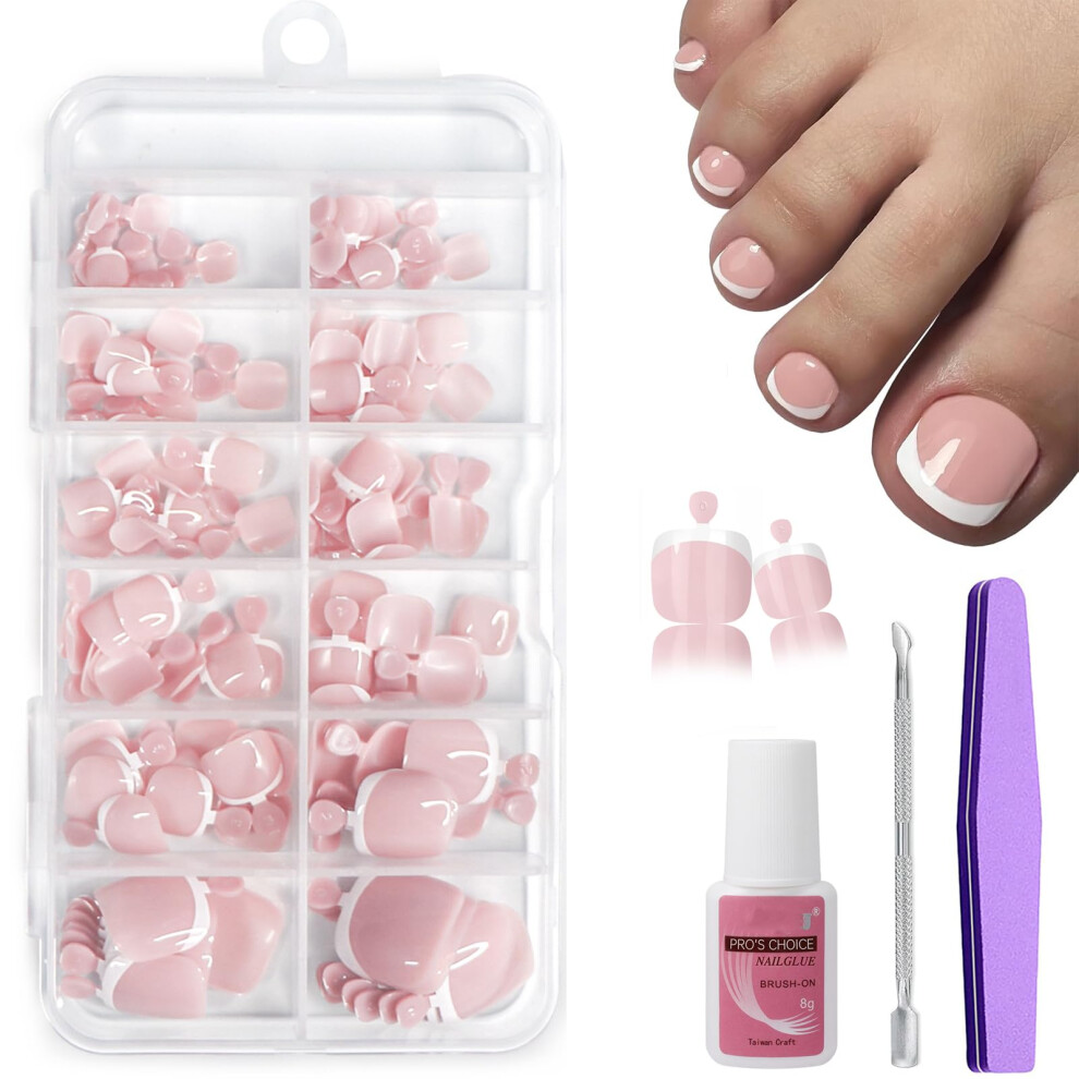 Eonfave French Fake Toe Nails Set - 120Pcs Press On Toenails Short - Square False Toe Nails Short Nude Color Tip False Toenail Kit