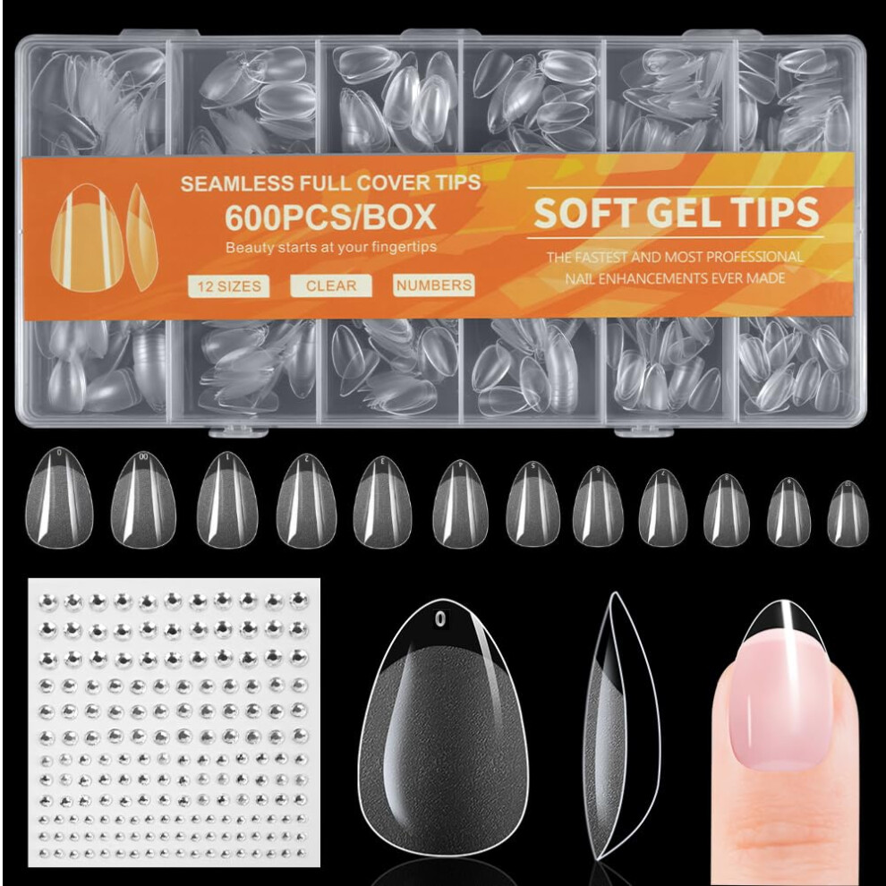 Butbu Short Almond Nail Tips, 600Pcs Soft Gel Full Cover Nail-Tip, Press On Fase Artificial Nails Tips, Clear Acrylic Nails Tips