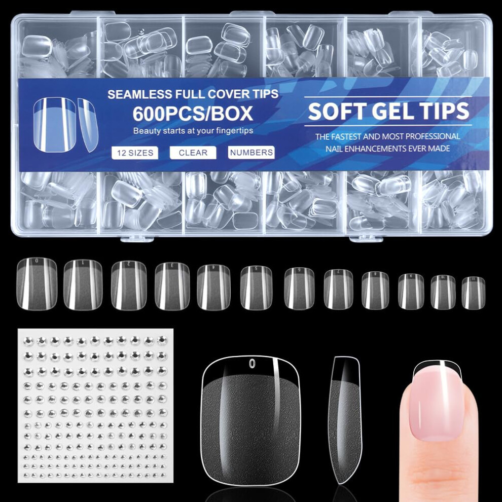 Butbu Short Square Nail Tips, 600Pcs Soft Gel Full Cover Nails-Tips, Clear Acrylic False Press On Nail Tip