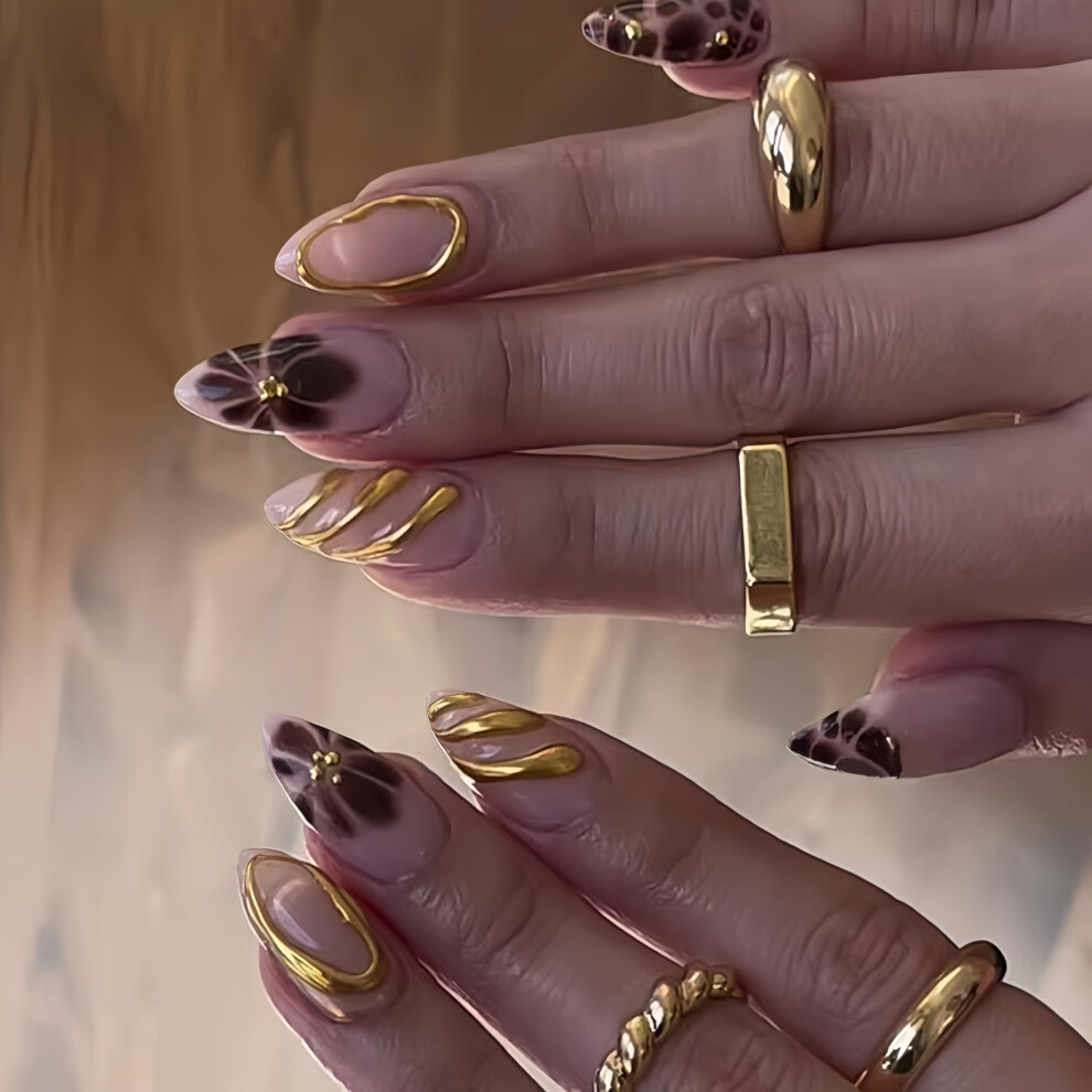 Sxvme White,Gold Brown Flower Press On Nails Short Almond, White False Nails With 3D Gold Swirl Design