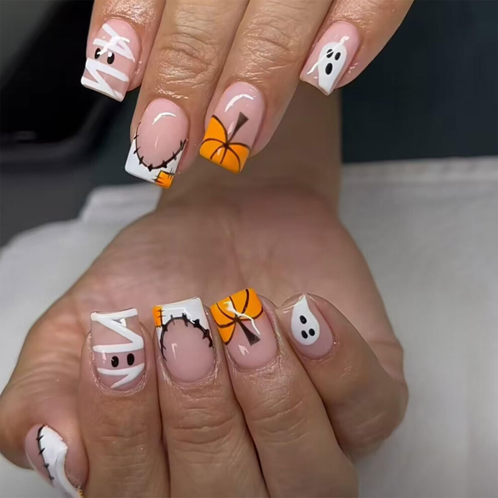 Nlfox Halloween False Nails - Short Square Press On Nails - Halloween French Ghost Pumpkin Lantern Design In Fake Nails