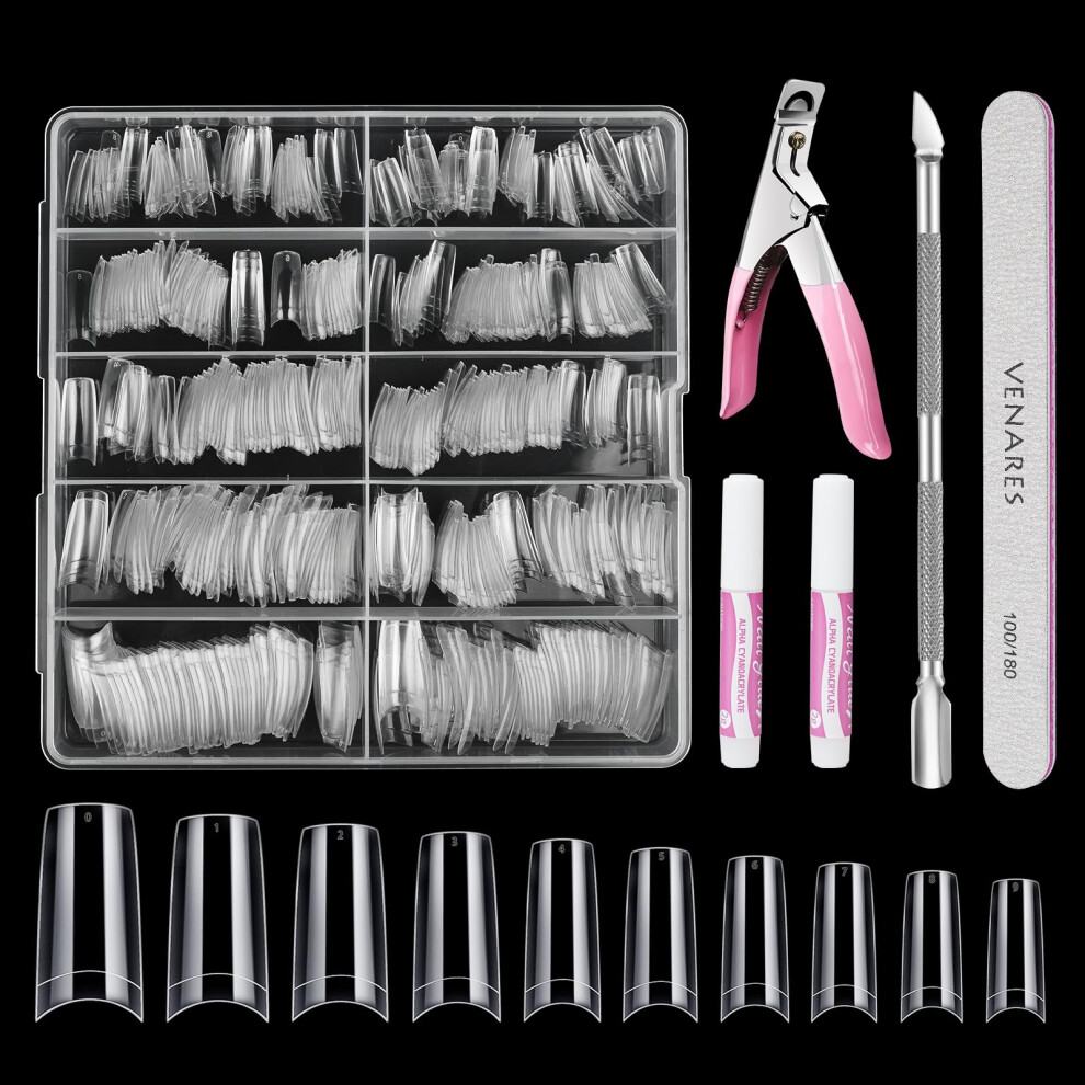 Venares Clear Nail Tips For Gel Extensions, 500 Pieces False Nail Tips Square For Acrylic Extensions And Glue Nails Files Nail Clipper