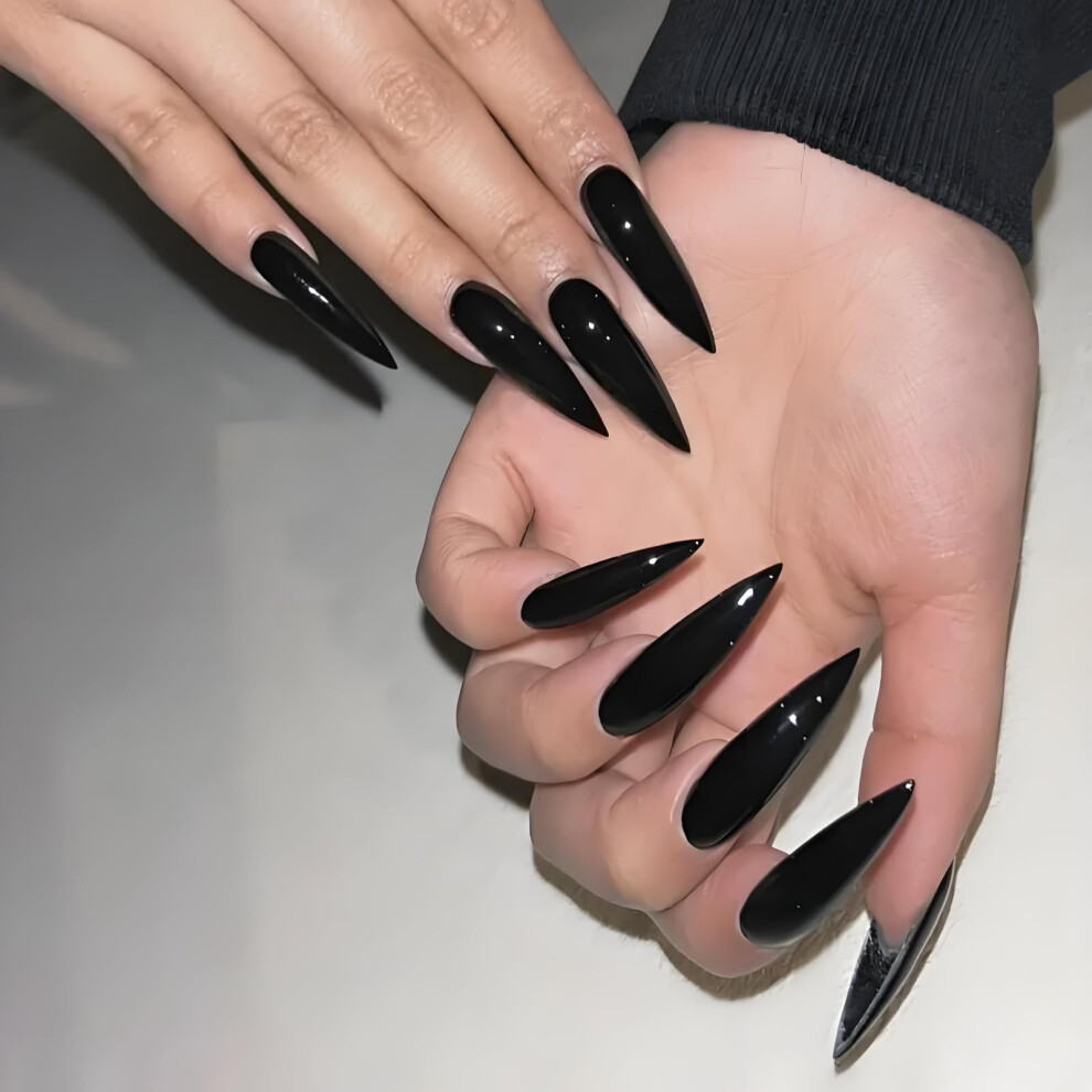 Wsimily Black 24Pcs Press On Nails Solid Color Stiletto Long Acrylic Fake Nails Reusable False Nails For Women, Gift For Parties & Special Occasions