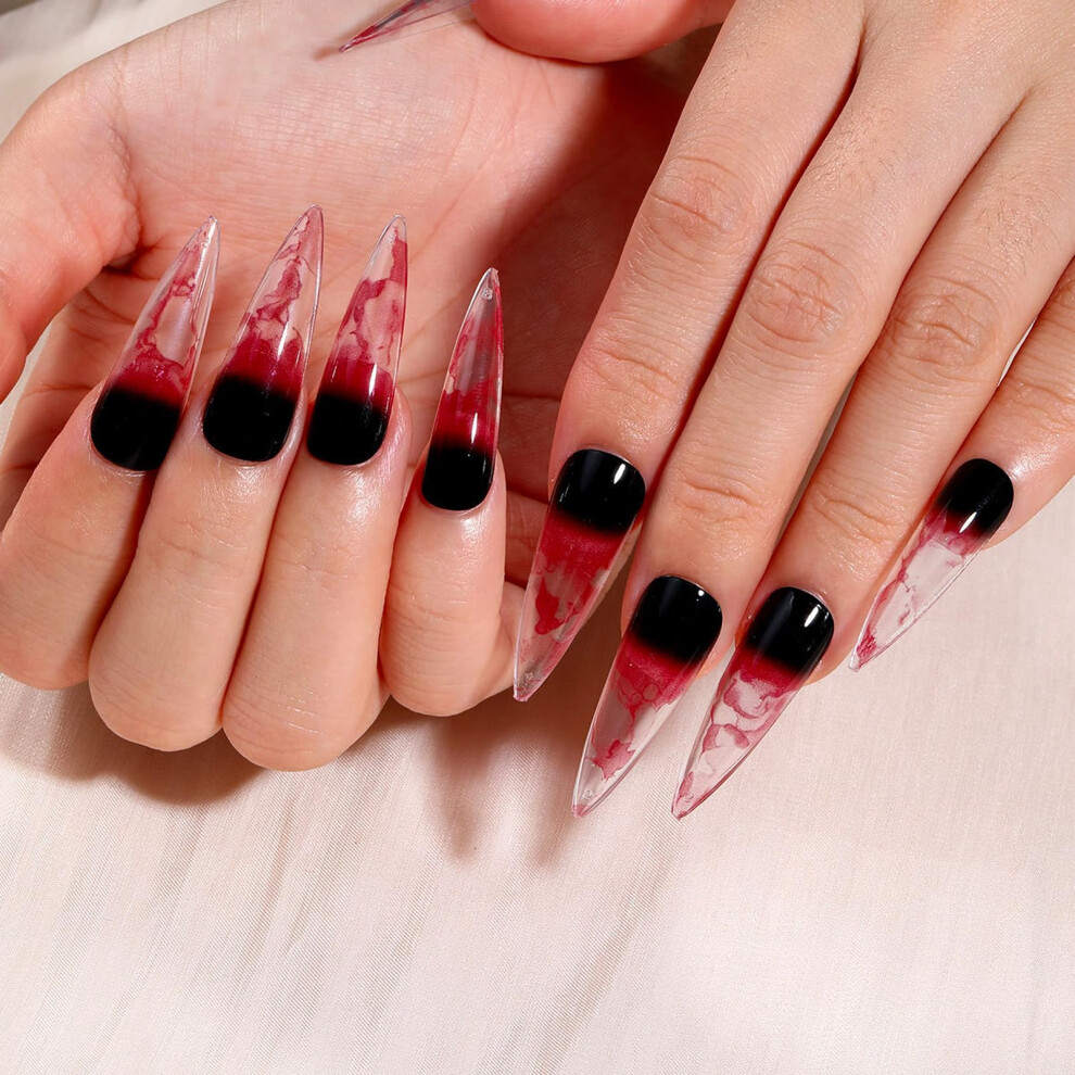 Yanzefei Halloween Long Sharp Fake Blood Press On Nails - Halloween Transparent Fake Nails With Dripping Blood Effect