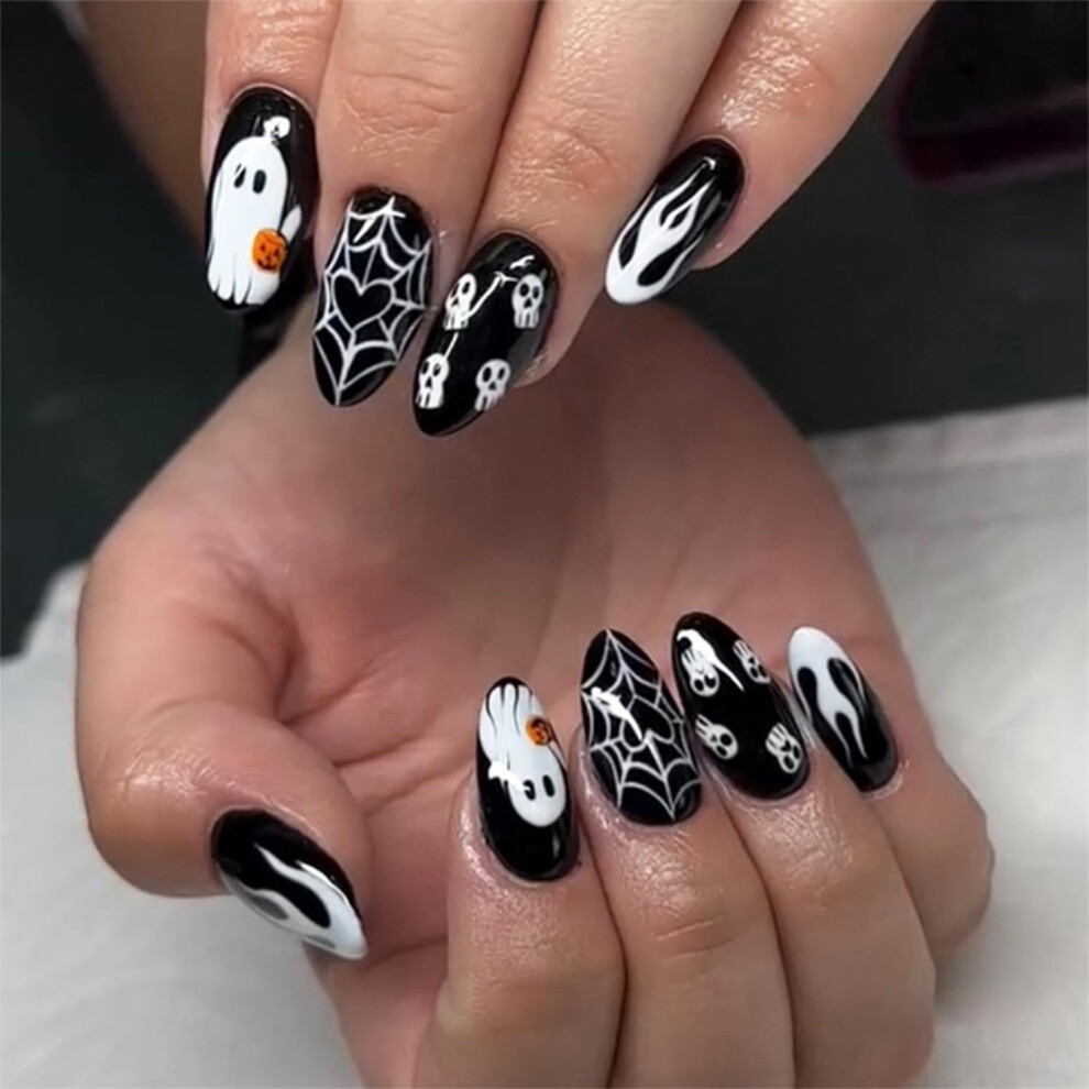 Nlfox 24Pcs Halloween Press On Nails - Almond Fake Nails Black White Ghost Spider Web Design