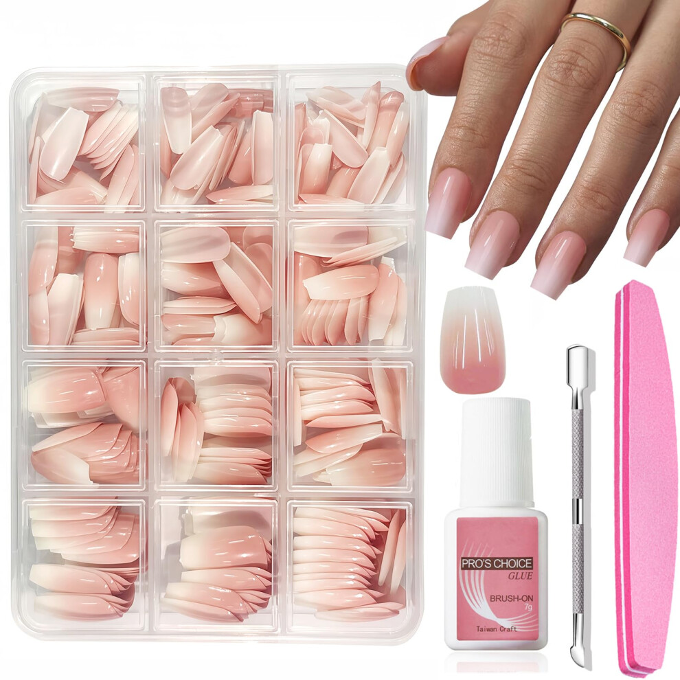 Eonfave Pink 240Pcs French Ombre Press On Nails Set, Natural Gradient False Nails Kit, Acrylic Coffin Press On Nails Tips
