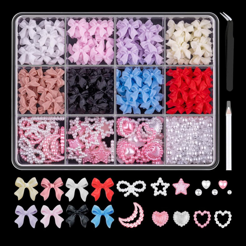 Lawaleishe 500Pcs 3D Nail Charms, Assorted Color Multi Shapes Mix Bow Nail Charms