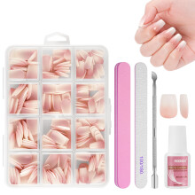 BUTBU French False Nails, 240 Pcs Short Coffin Press on Nails Kit, Full Cover Stick on Nails with Glue
