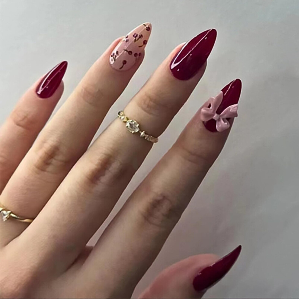 Shebeedo Red 30Pcs Press On Nails Short Almond False Nails With Bowknot Design Glossy With Cherry Design Wine Fake Nails Reusable Full Cover For Women