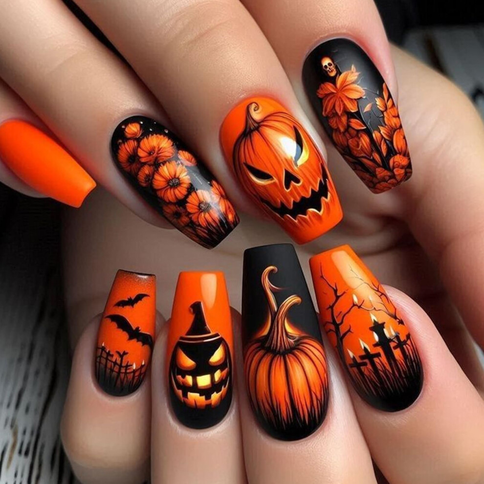 Viugex Black 24Pcs Halloween Press On Nails, Medium Coffin French False Nails With Skeleton Pumpkin Designs, Orange Acrylic Full Cover Fake Nail