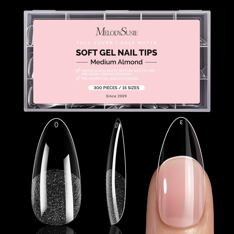 Melodysusie Medium Almond Nail Tips - 300Pcs Clear Acrylic, Half Matte Full Cover Press On Nails For Diy Extension & Salon Use