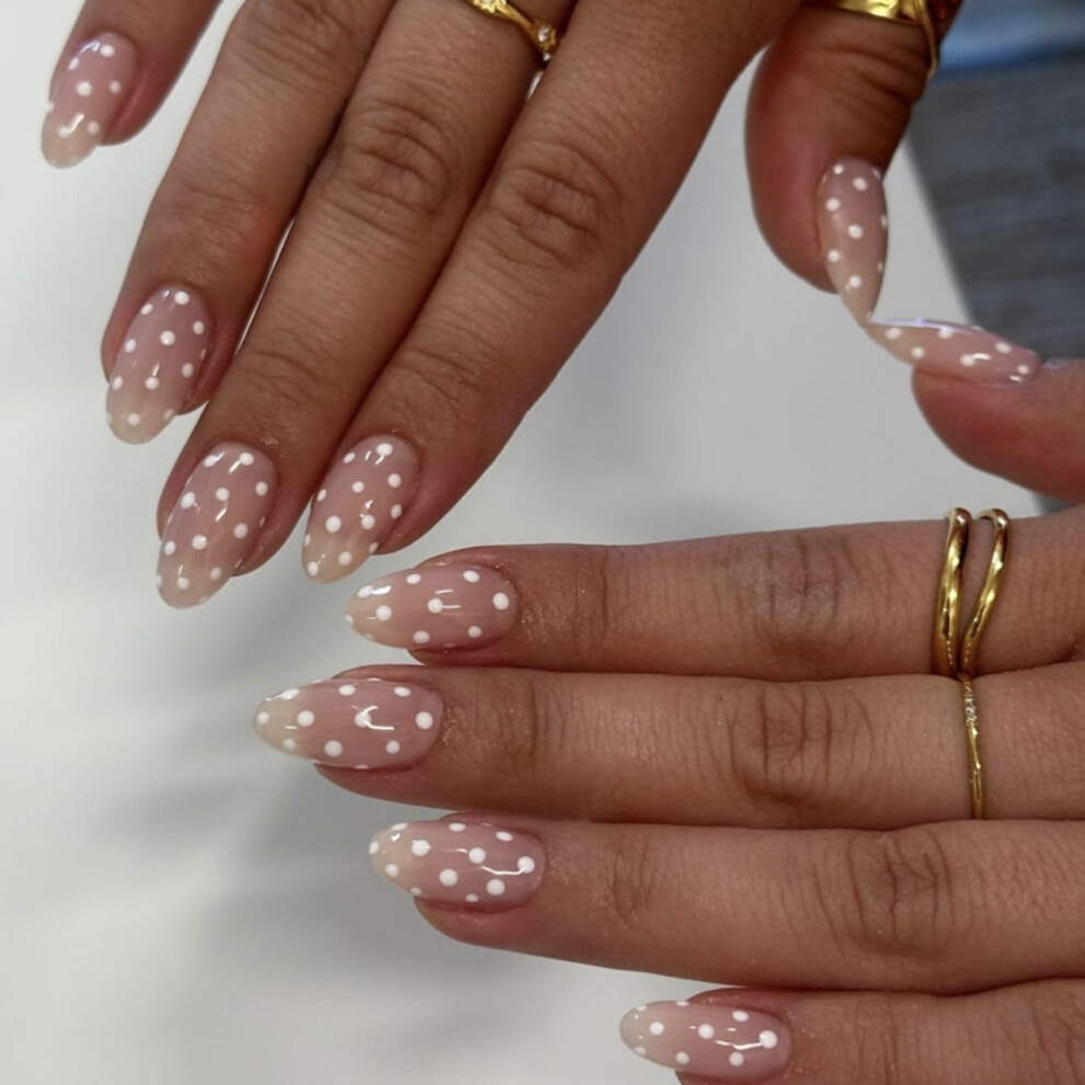 Herbinsols White 24Pcs Press On Nails Almond - Classic False Nails With Minimalist Polka Dots - Nude Glossy Stick On Nails Medium Length