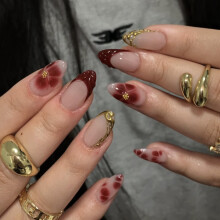 Short Almond False Nails - 24Pcs Red French Tip Fake Nails - Stick on Nail with 3D Gold Chrome Edge Flower Design - Medium Press on Nails with Glue