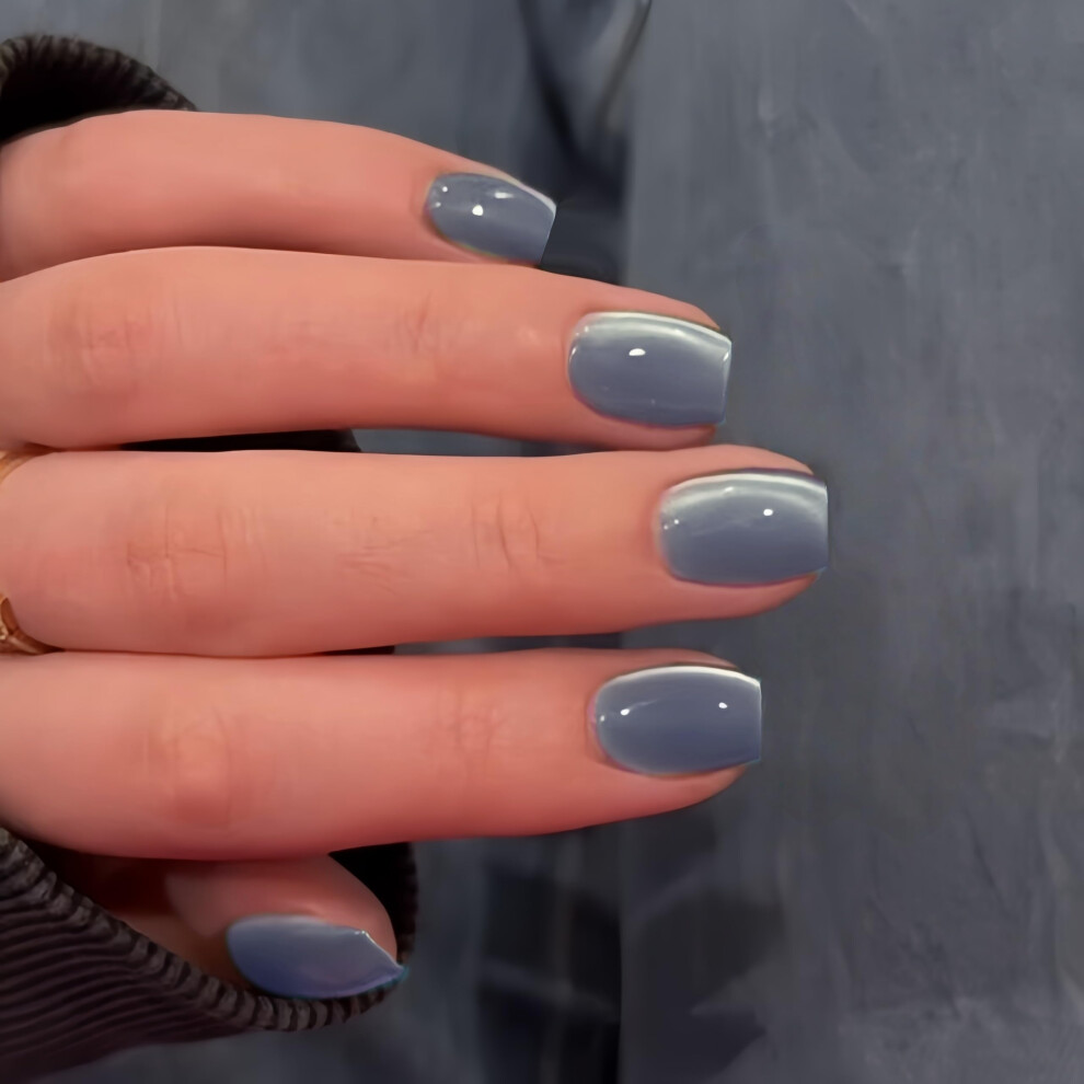 Kqueenest Cat Eye Press On Nails Short - Chrome False Nails Short Square, Opaque Dusty Blue Fake Nails With A Glitter Finish