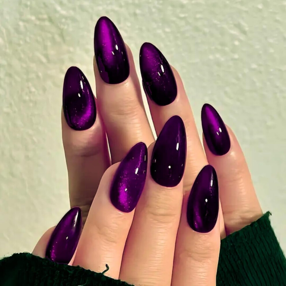 Kqueenest Black,Purple Cat Eye Press On Nails Almond Medium, Glazed Glitter Purple Black False Nails Medium