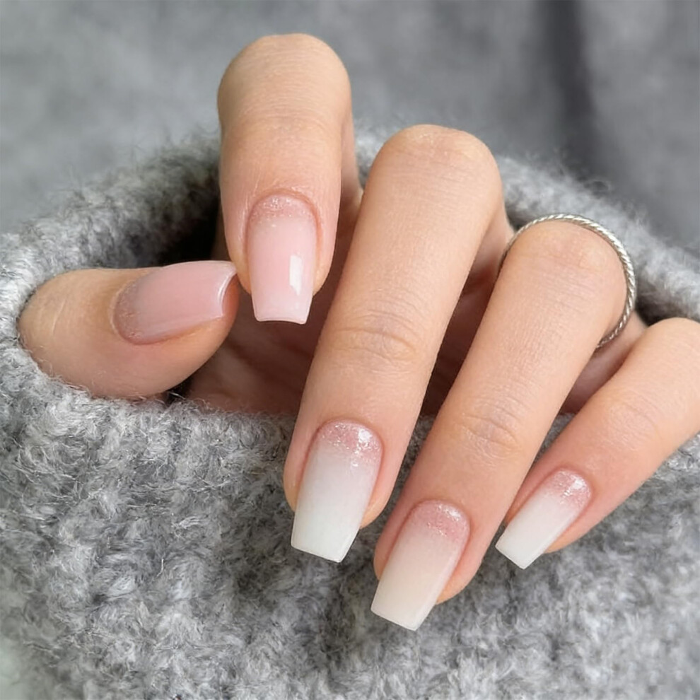 Nlfox White/Pink French False Nails Medium - 24Pcs Gradient Glitter French Fake Nails - Square Press On Nails Pattern - French Nail Tips With Nail Glue