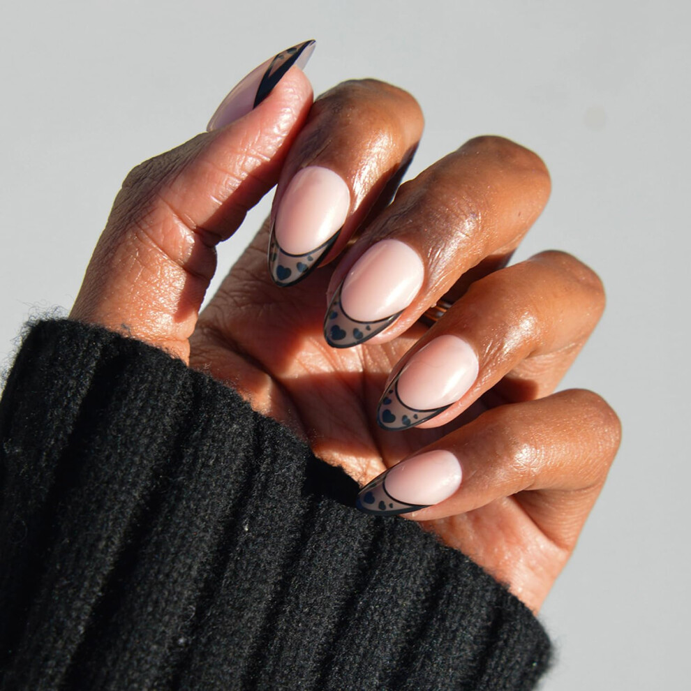 Glamnetic Black Press On Nails - Love Noir Spring Nails | Short Almond Fake Nails In Semi-Transparent French Tips With Opaque Outline And Heart