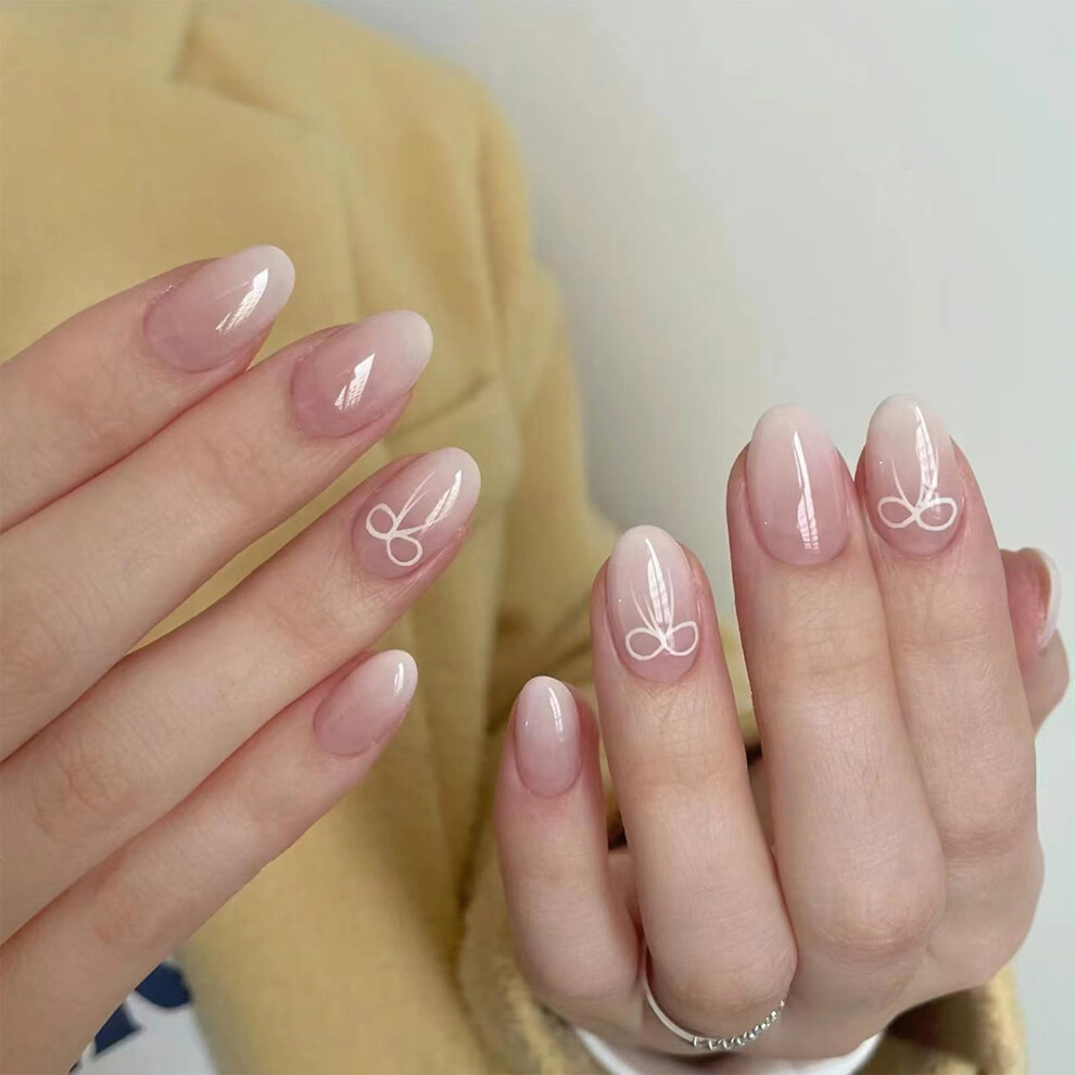 Herbinsols French Tip False Nails - 24Pcs Short Almond Press On Nails - Nude Gradient False Nails Almond Pattern With Bowknot