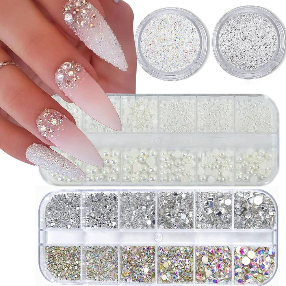 Baoximong 4 Boxes Nail Art Rhinestones Pearl Crystals Beads Flatback Clear Ab Nail Gems For Acrylic Nails Crystals Supplies Half Round Design Diamonds Nail