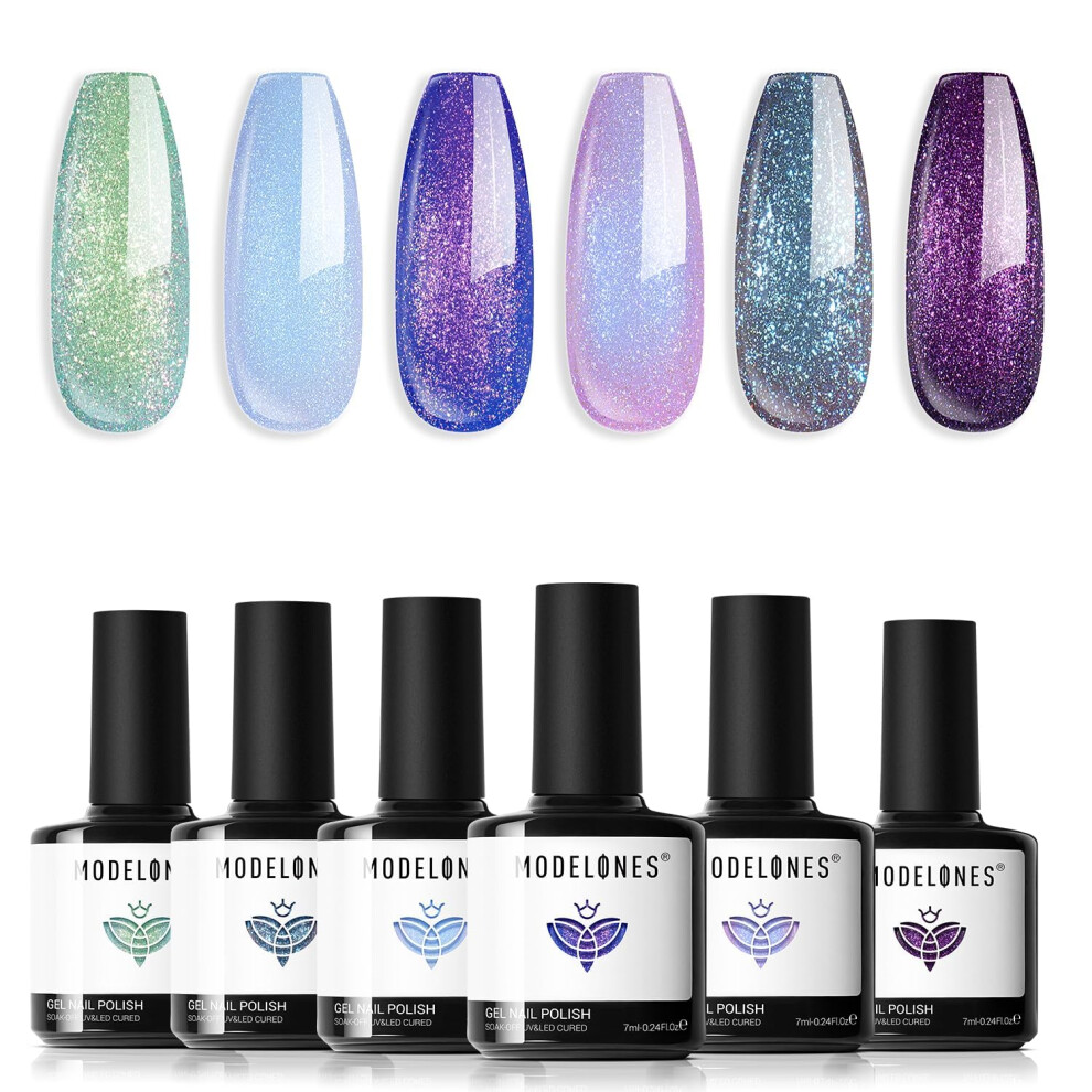 Modelones Blue/Purple/Green Gel Nail Polish 6 Colors Aurora Shimmer Glitter Gel Nail Polish Set Chameleon Gel Polish Soak Off Nail Gel Nail Art Diy