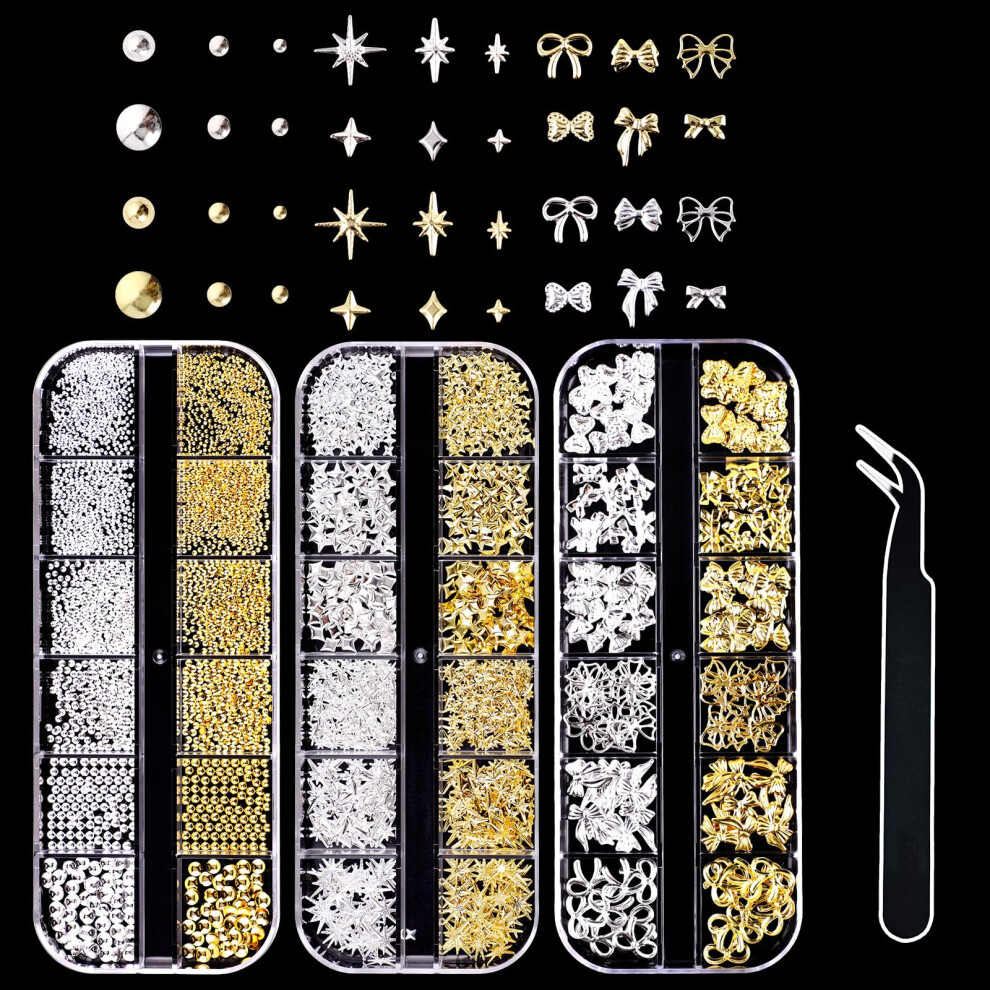 Vegcoo 3D Nail Charms, 3 Boxes Gold Silver Nail Stuff Nail Gems Rhinestones Charms With Tweezers