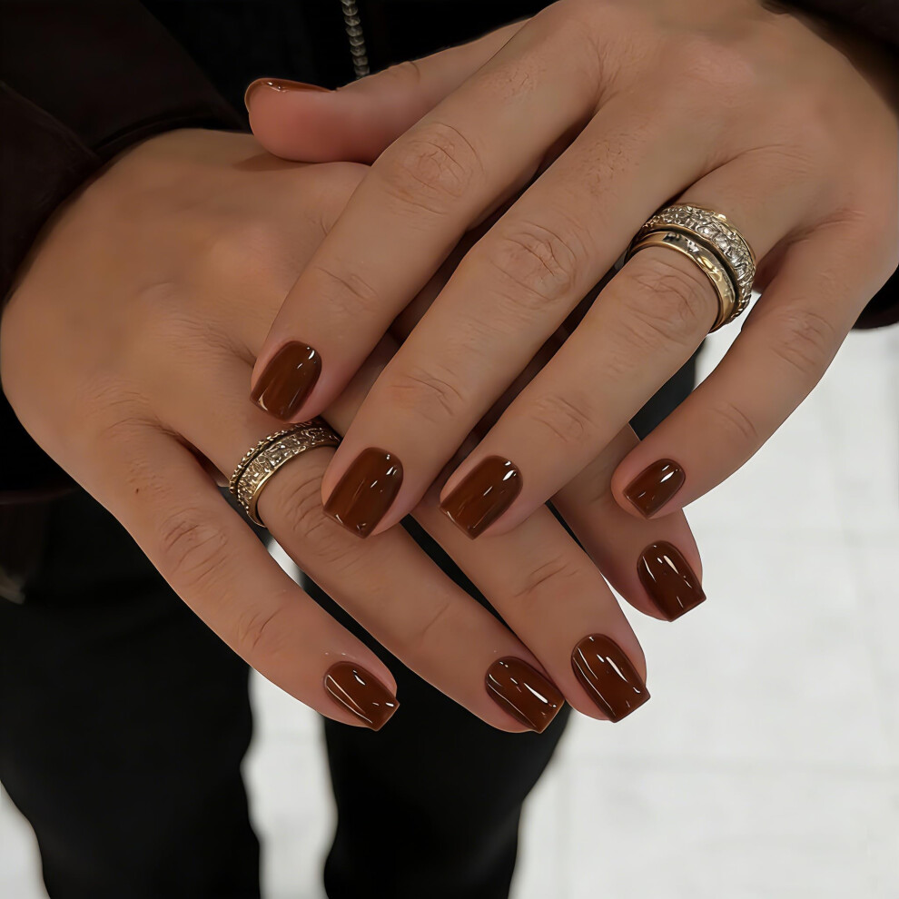 Sxvme Brown Chrome Press On Nails Short Square, 30 Pcs Glazed Coffee False Nails With Shimmer Mirror Effect, Reusable Thick Quality