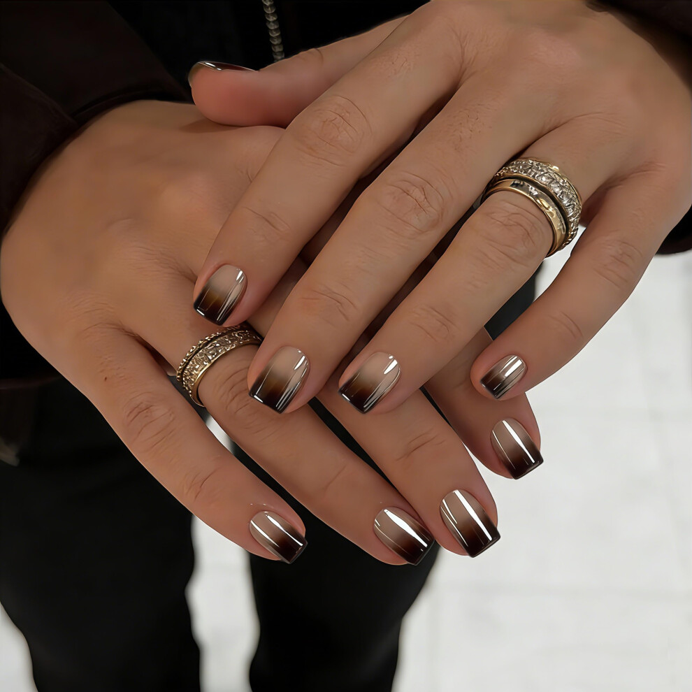 Sxvme Brown Chrome Ombre Press On Nails Short Square, 30 Pcs Glazed Gradient False Nails With Shimmer Mirror Effect